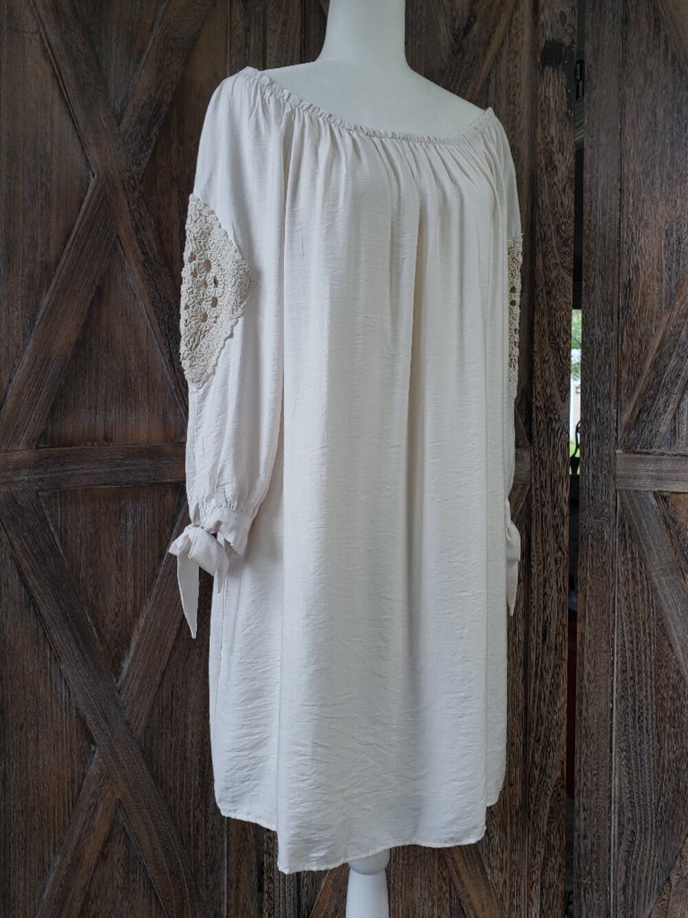 Cato Off Shoulder Dress Sz L Ivory Crochet Sleeve Patch Pockets Lined Beachy NWT